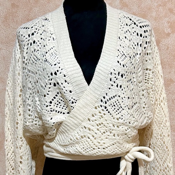 Off White or Milky White Knit Semi Sheer Wrap Sweater - Decorative Side Tie - Picture 7 of 16
